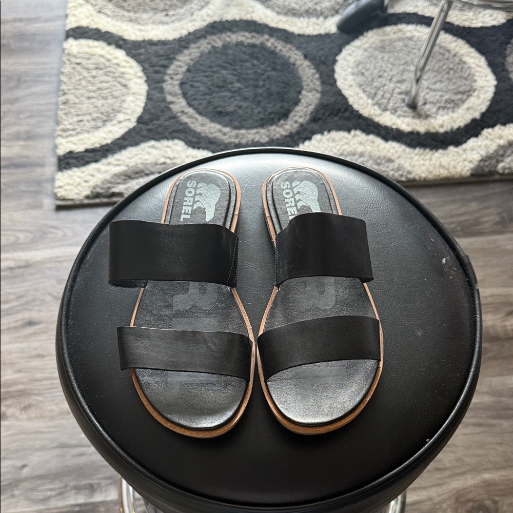 Sorel Black Two-Band Leather Slide Sandals